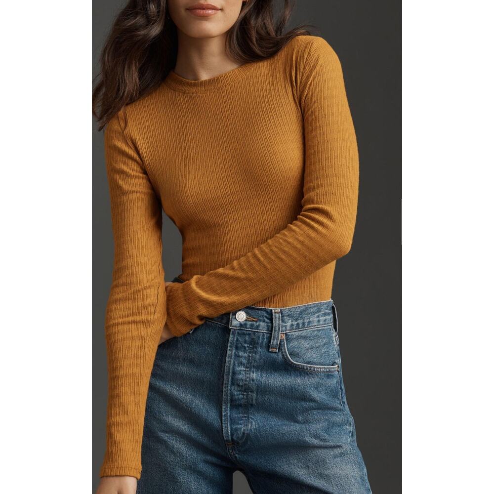 Anthropologie PILCRO Textured Rib Knit Layering Long Sleeve Top NWT XS Honey